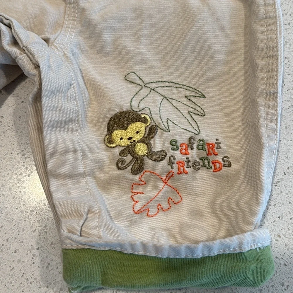 Small Wonders Beige and Green Overalls monkey safari friends 3/6 months